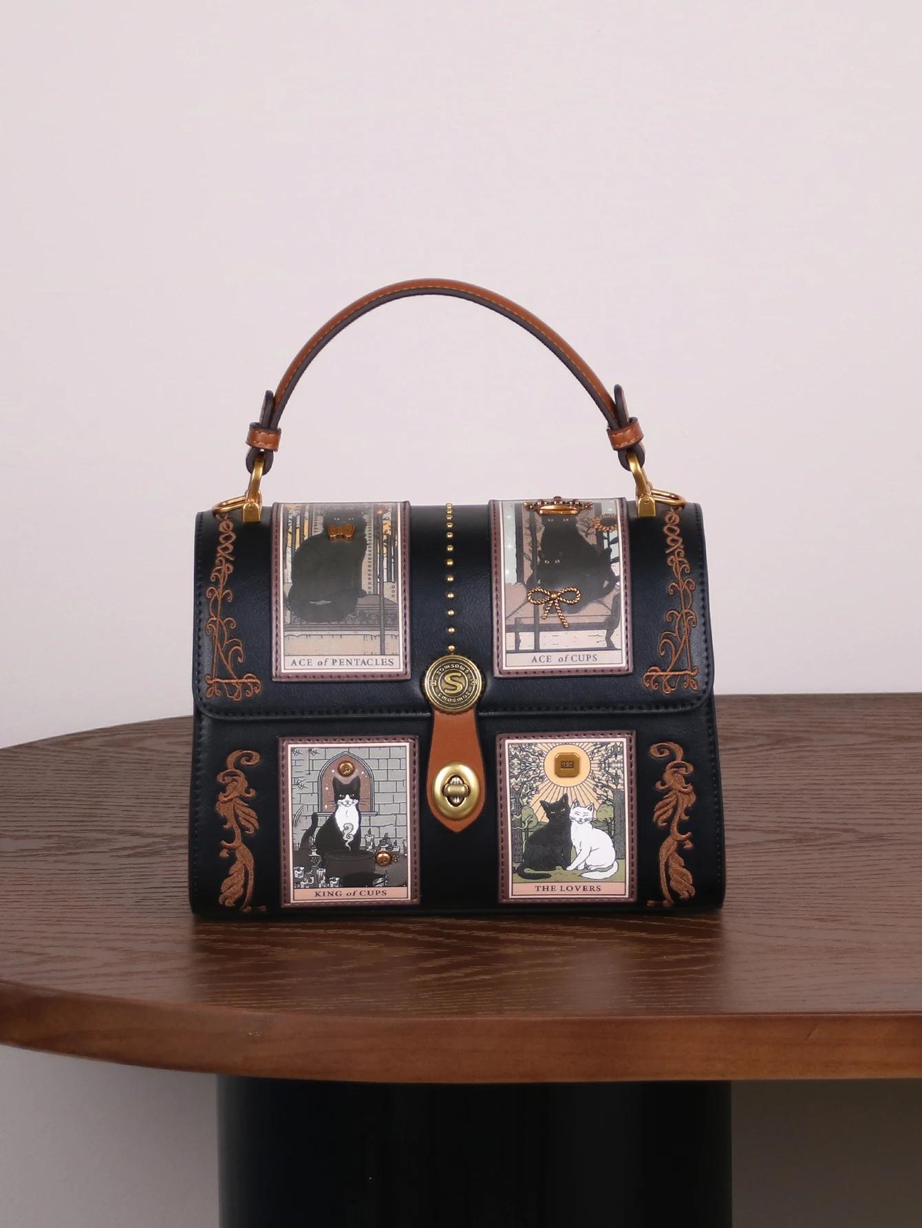 Nouveau sac à main de luxe pour femme 2026, style rétro, sac Boston Tarot, motif chat mignon, sac do