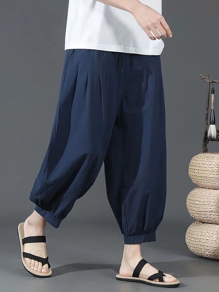 Short d'été en coton et lin pour hommes, Baggy, jambes larges, pantalon Capris décontracté, Sport, c