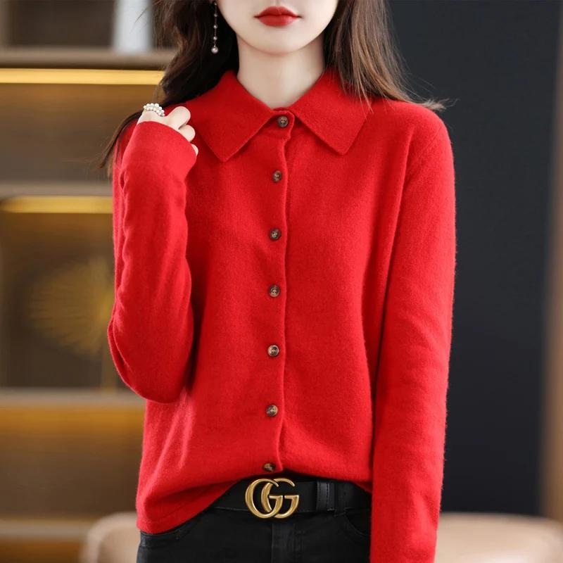 Cardigan tricoté à col POLO pour femmes, basique, polyvalent, veste en laine filée, élégant, pull à