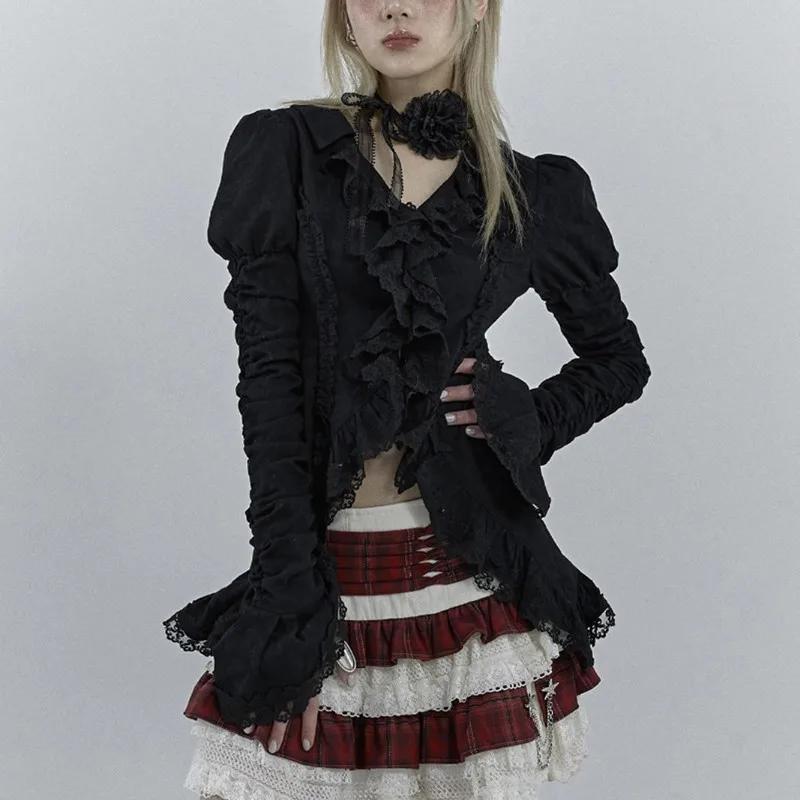 Karrcat-Chemise gothique en dentelle noire, chemisiers irréguliers esthétiques foncées, style CHRIST