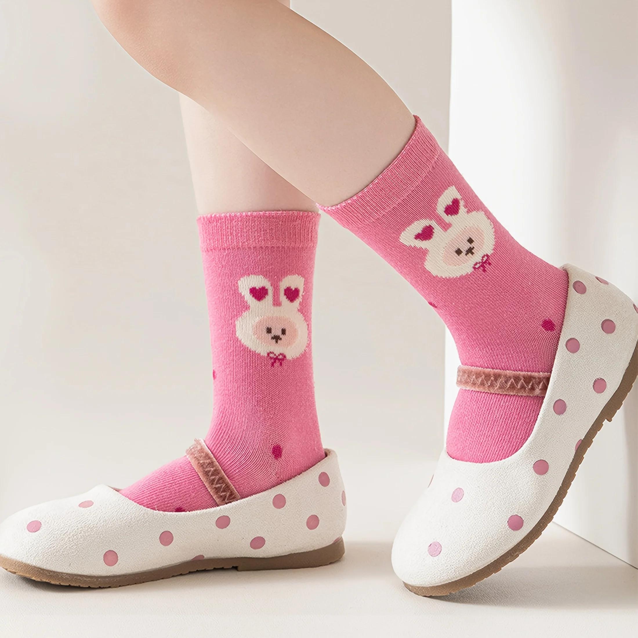 Lot de 5 chaussettes de sol pour enfants avec motifs lapin 3D et motifs floraux, points antidérapant