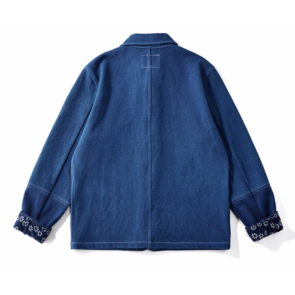 Vintage Indigo Veste Hommes Français Workwear Cargo Outillage Veste Automne Hiver Bleu Teint Kendo T