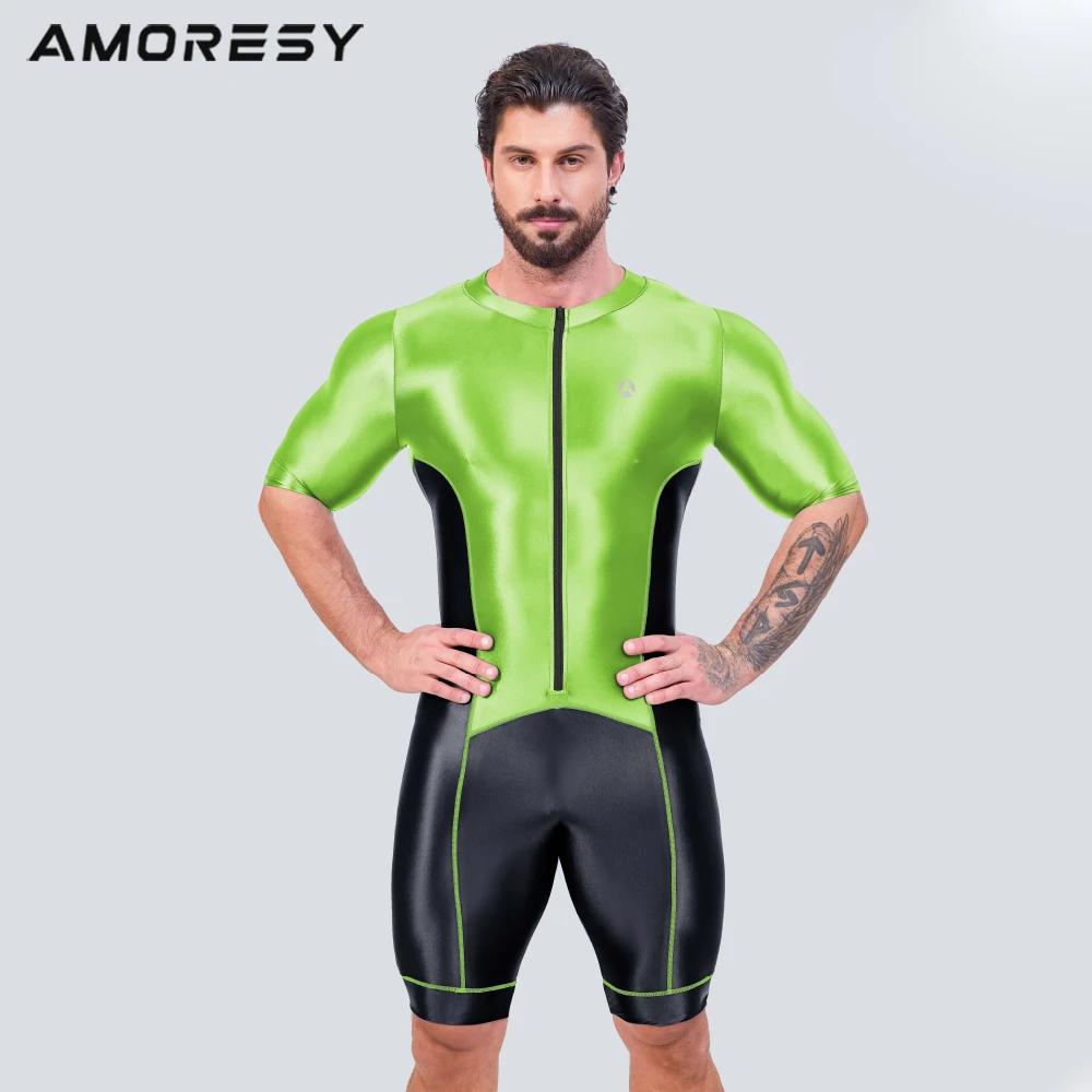 AMORESY-Combinaison de sport en satin brillant pour homme, survêtement de course, de cyclisme, de fi