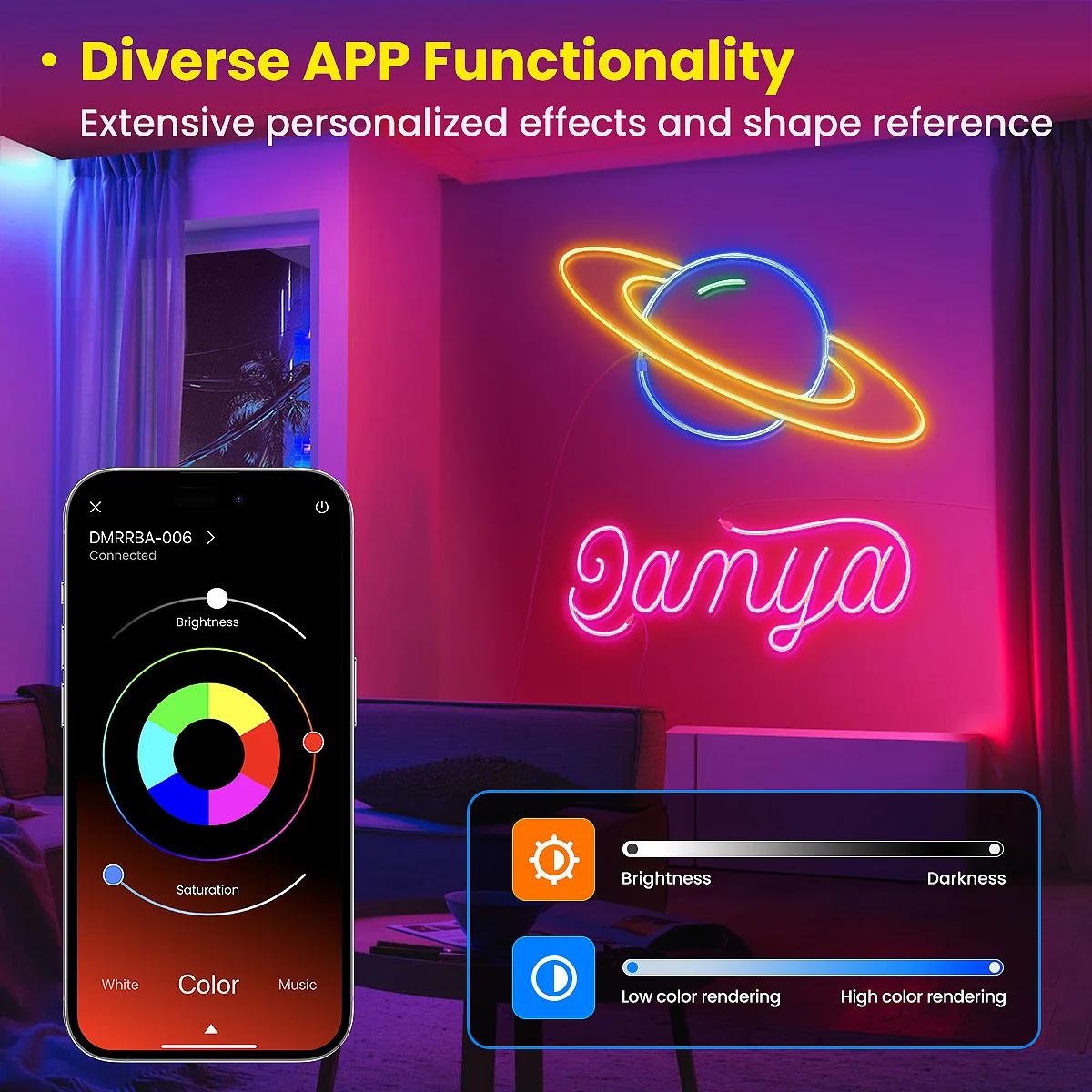 Bande lumineuse néon Flexible RGB avec application/télécommande, plusieurs Modes, synchronisation de