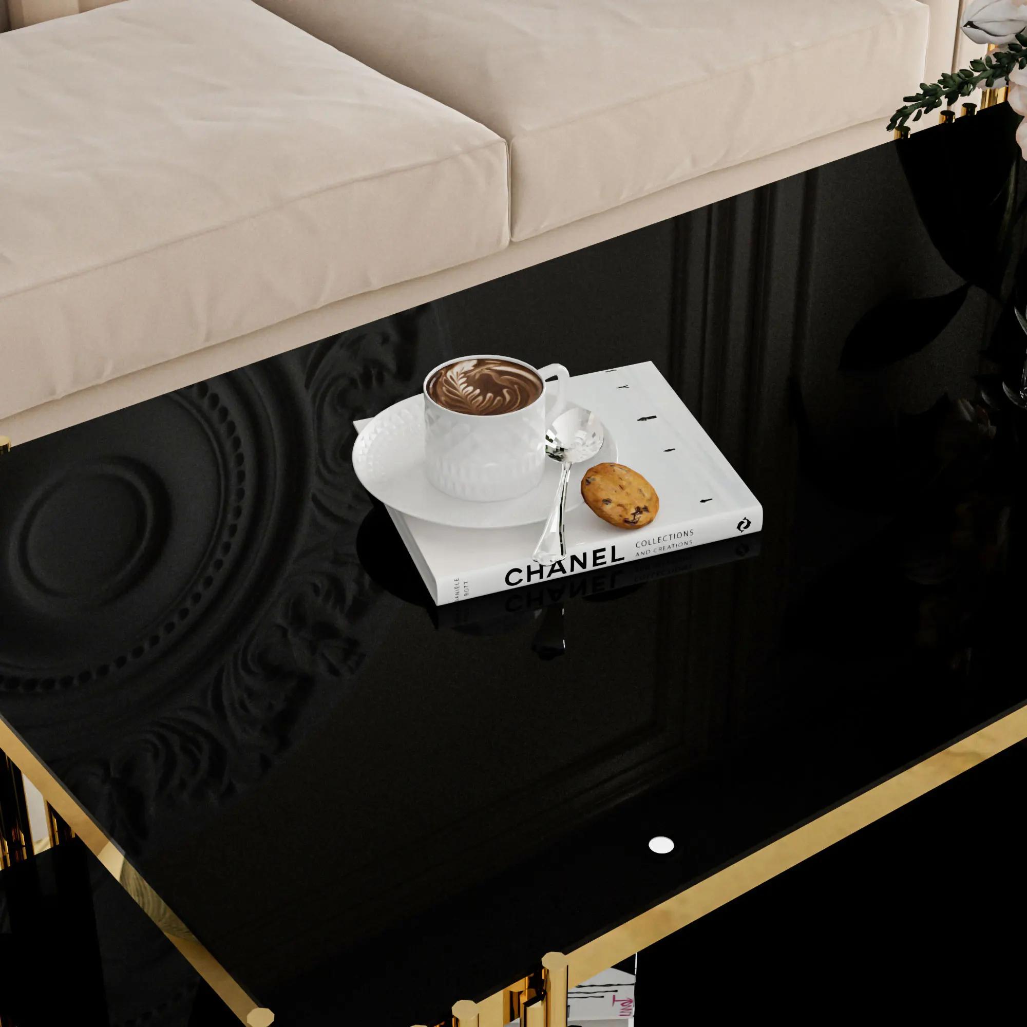 Table basse rectangulaire en verre pour salon, acier inoxydable, table centrale moderne, verre noir