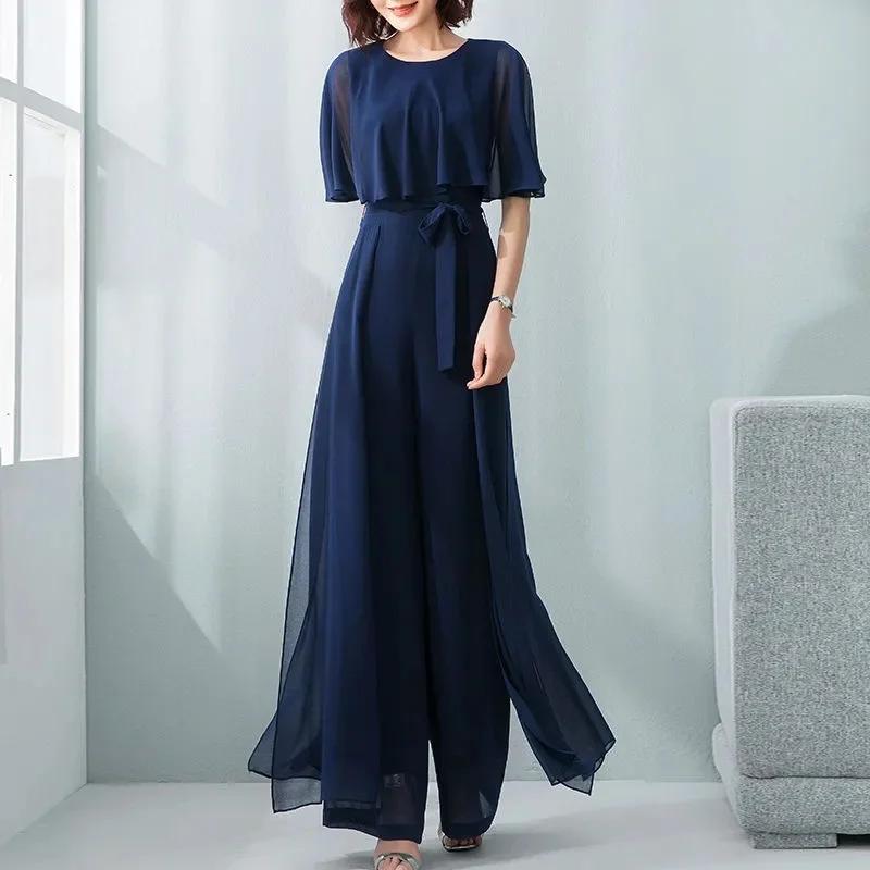 Combinaison longue en mousseline de soie pour femmes, manches feuille de Lotus, ensemble à jambes la