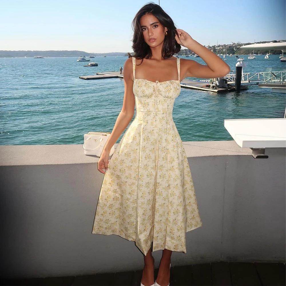 Suninheart-Robe mi-longue à bretelles spaghetti pour femme, robe à imprimé floral jaune, robe fendue