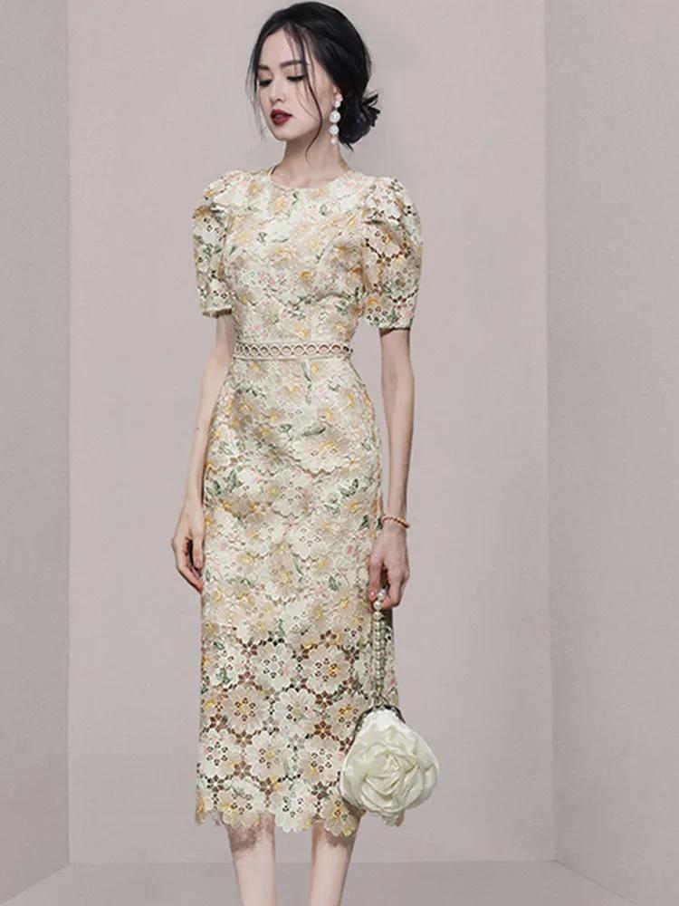 SMTHMA-Robe ajourée en dentelle brodée pour femme, manches courtes, vêtements féminins élégants, nou