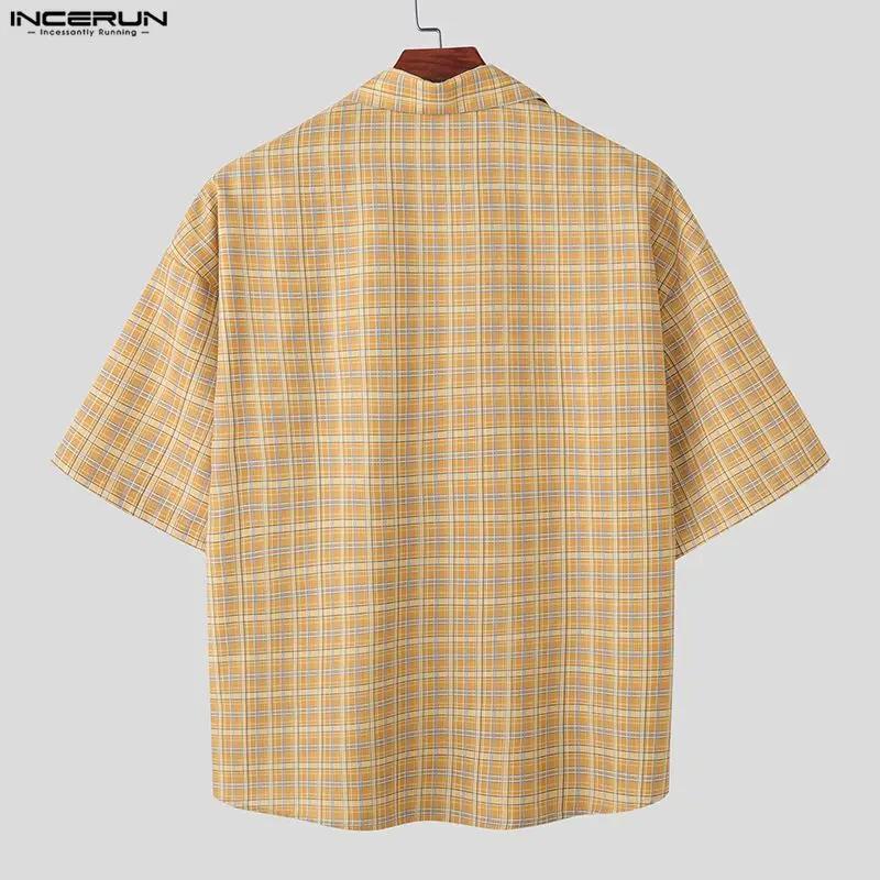Chemise Homme INCERUN à Carreaux et Patchwork, Col Revers, Manches Courtes, Style Coréen Ample, Nouv
