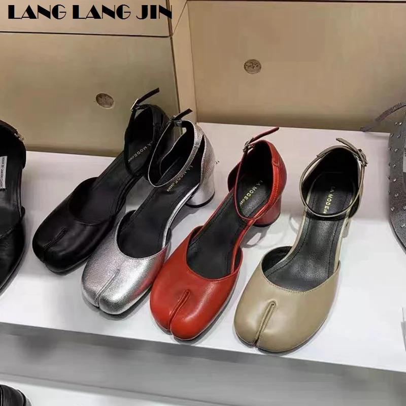 Escarpins Tabi Ninja à bout fendu pour femmes, chaussures à talons ronds de 5cm, Mary Janes, sandale