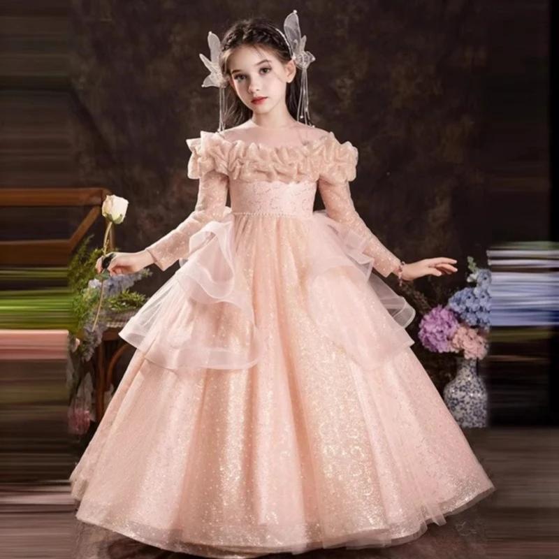 Robe de Cérémonie Fille 2026 – Robe Longue à Fleurs et Manches Longues pour Enfants, Idéale pour Hôt