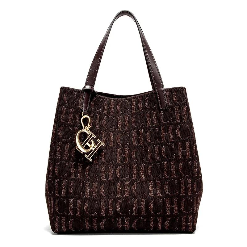 CH Sac à bandoulière pour femme, simple, couleur unie, motif imprimé lettres dorées, grande capacité