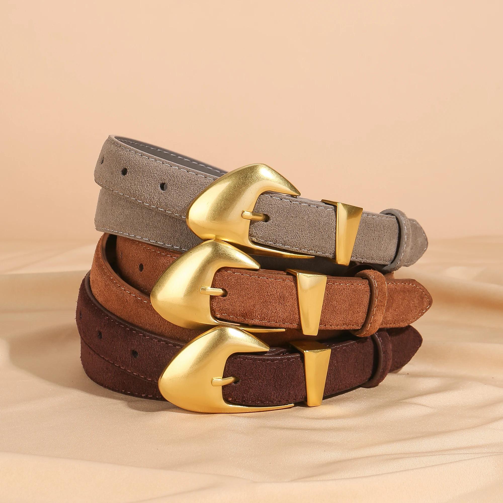 Ceinture de luxe en cuir de vache et daim pour femmes, Style Vintage avec boucle dorée, ceinture de