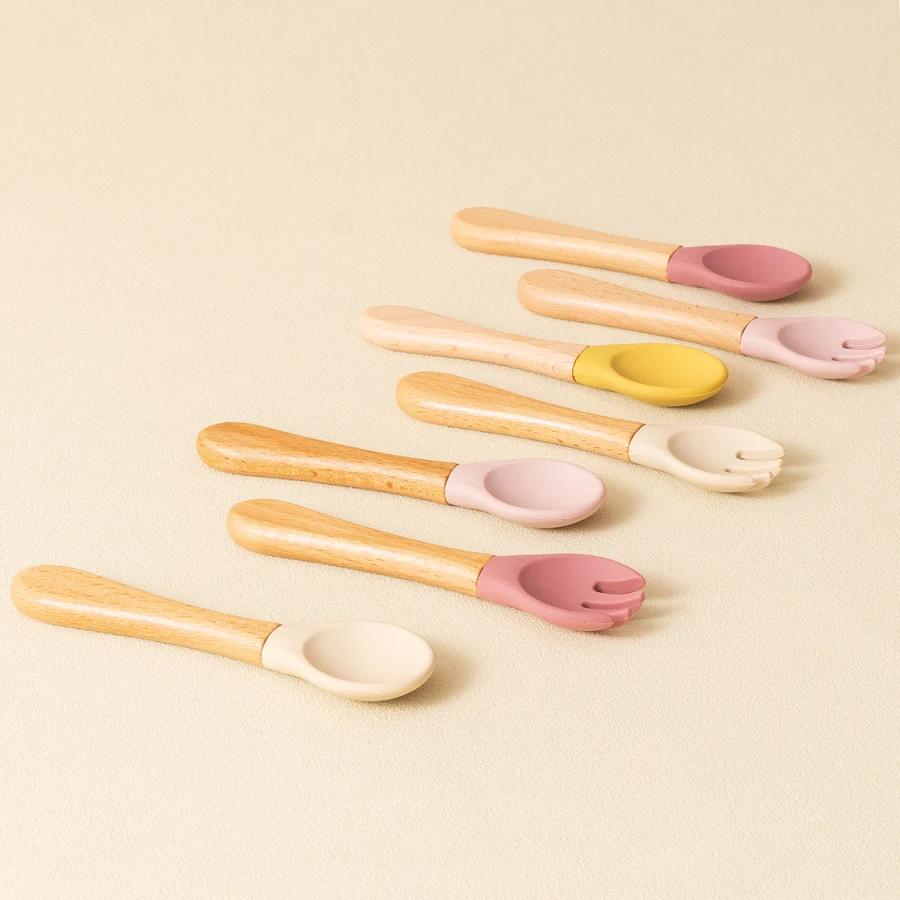 Ensemble d'ustensiles cuillères d'apprentissage pour bébé, 2 pièces, manche en bois de qualité alime