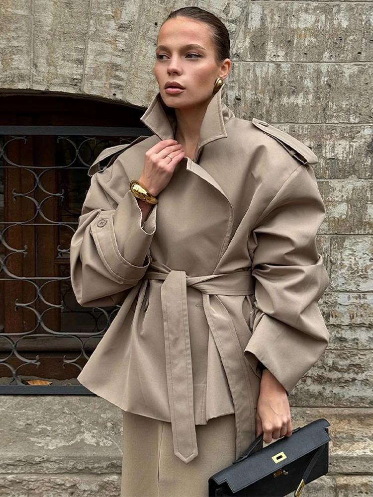 Coupe-vent court à lacets pour femmes, couleur unie, Vintage, revers, manches longues, ceinture, poc