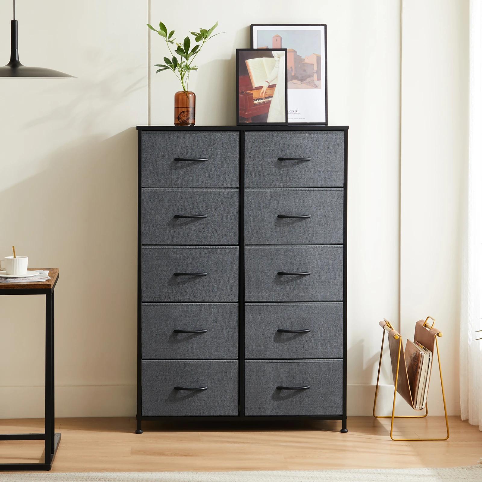 JHK Table de chevet pour chambre à coucher avec 10 tiroirs en tissu, armoire de rangement avec cadre