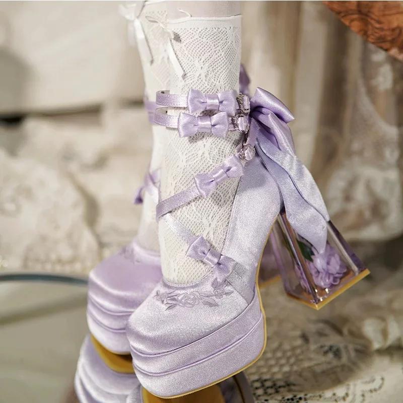 Kawaii 2025 nouveau Original Lolita talons hauts douce fille Satin nœud ruban élégant Mary Jane chau