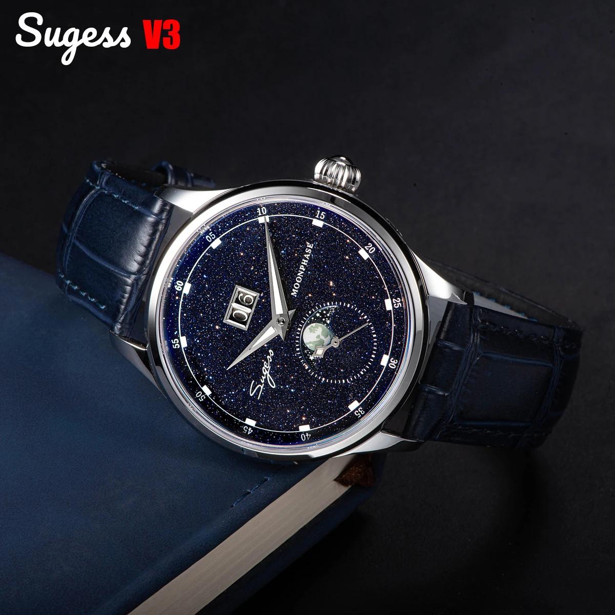 Sugess Moonphase montre pour hommes 40mm montres mécaniques automatiques origine ST2528 mouvement ac