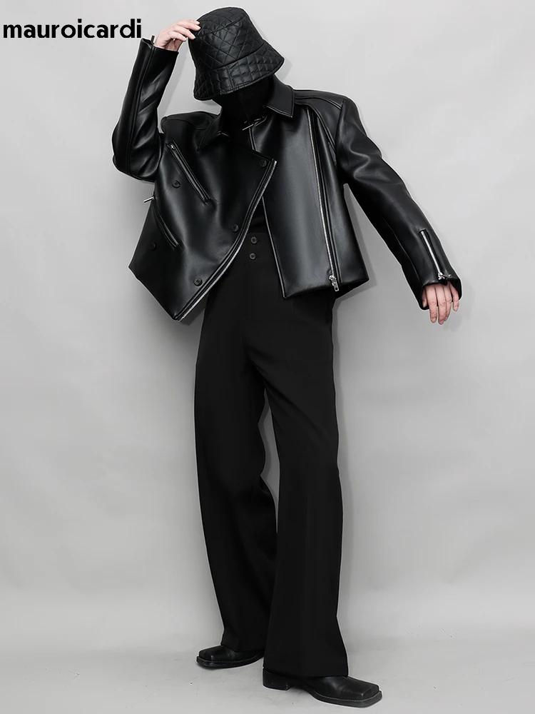 Mauroicardi-Veste en cuir PU pour homme, manches longues, col montant, vêtements de créateur de luxe