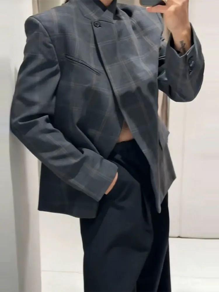 HH Blazer à carreaux pour femme, col montant, manches longues, veste décontractée chic pour le burea