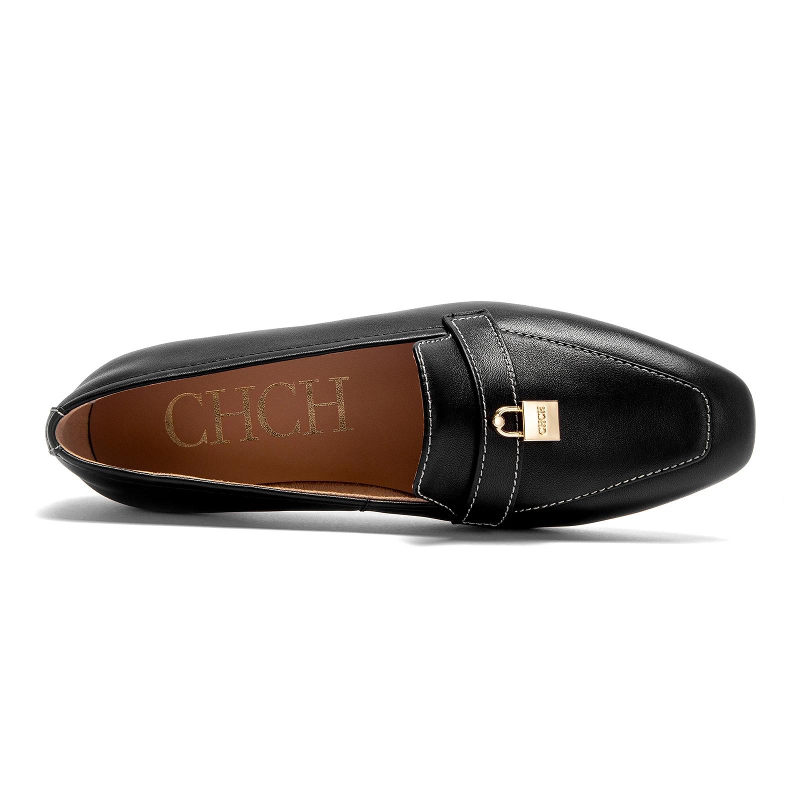 Mocassins en cuir pour femmes avec détail de verrouillage doré, bout carré, talon bas, chaussures de