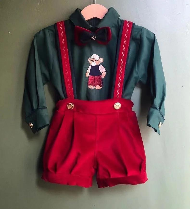 Ensemble bébé garçon de 0 à 6 ans, automne hiver, velours rouge, ours vert brodé, Vintage pour Eid,