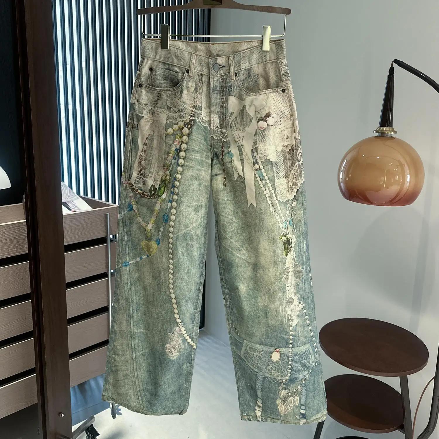 25SS dentelle perle chaîne trompe l'oeil 3D imprimé 1981 jambe droite jean pour hommes et femmes rop