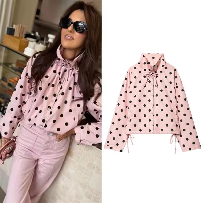 Manteau pour femme Printemps 2026 Nouveau style Rose à pois Manches longues Détail noué Simple bouto