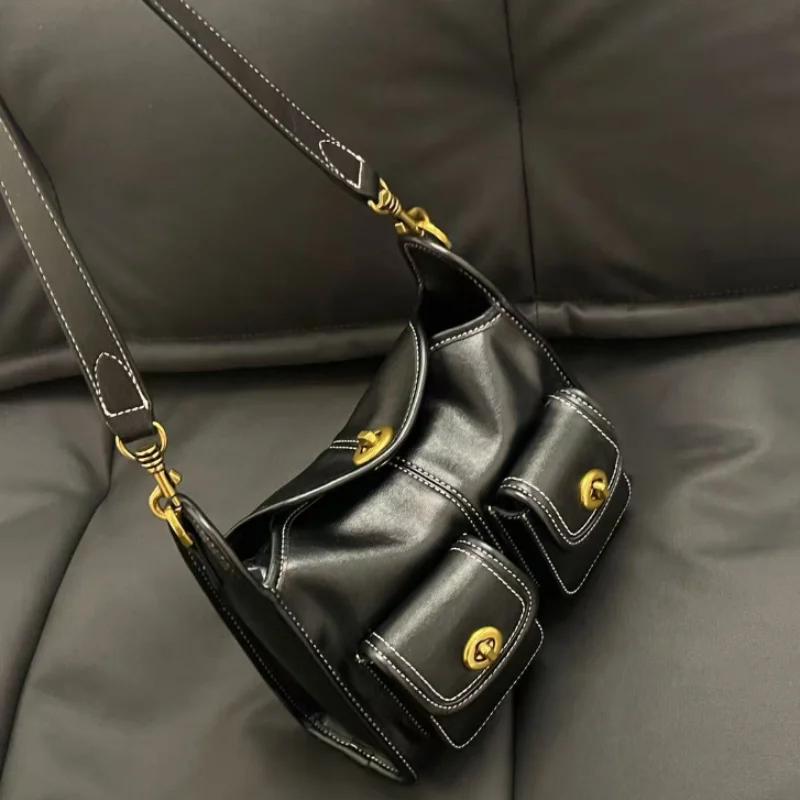 Sac à bandoulière Hobo de marque à double poche, sac sous le bras en cuir huilé haut de gamme pour f