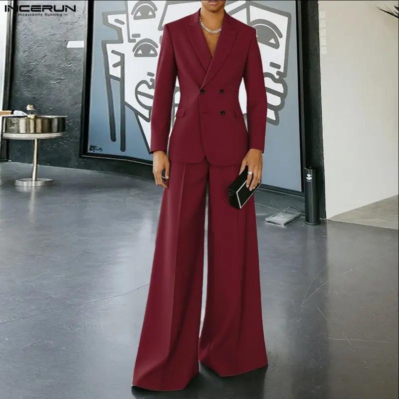 INCERUN hommes ensembles couleur unie Double boutonnage à manches longues Blazer et pantalon deux pi