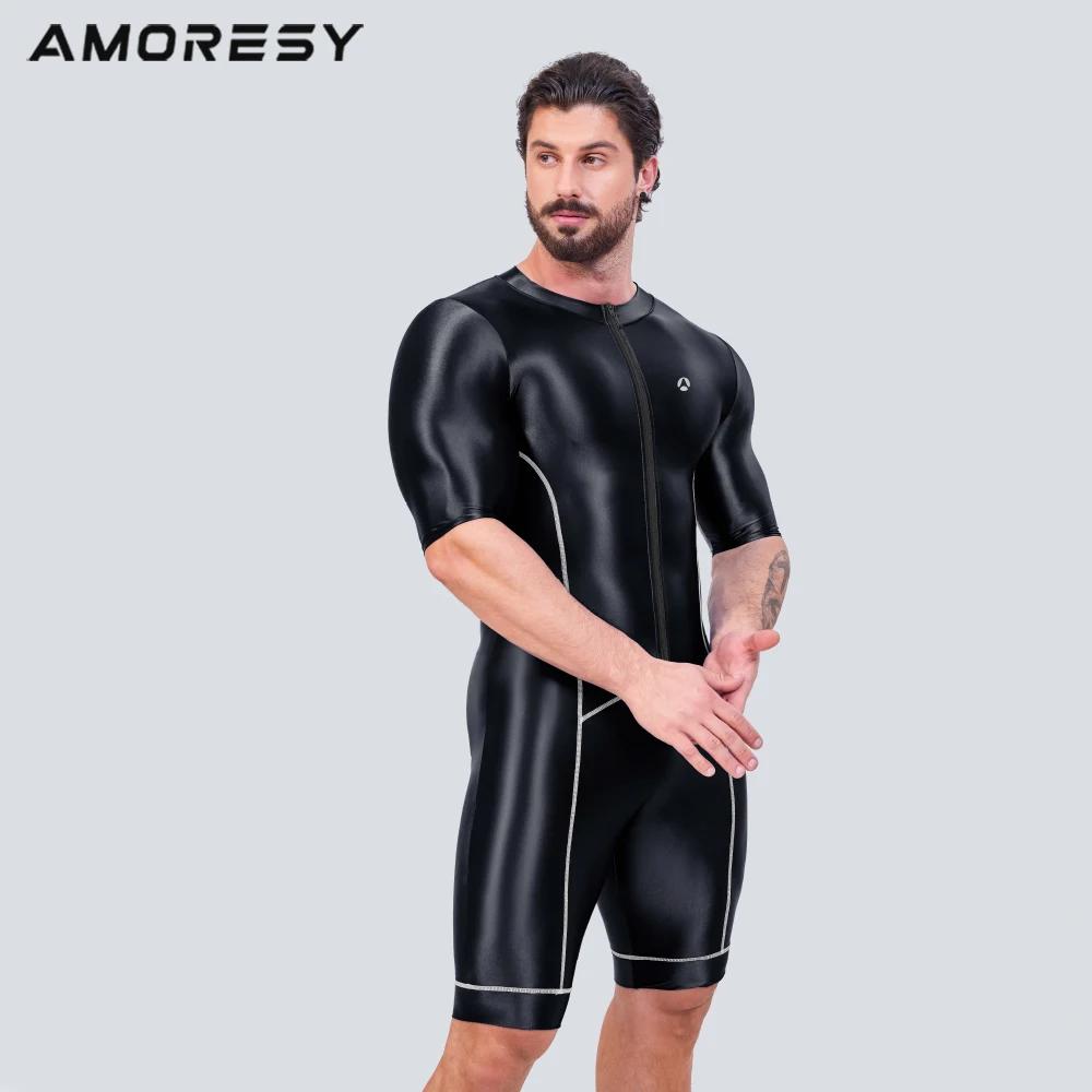AMORESY-Combinaison de sport en satin brillant pour homme, survêtement de course, de cyclisme, de fi