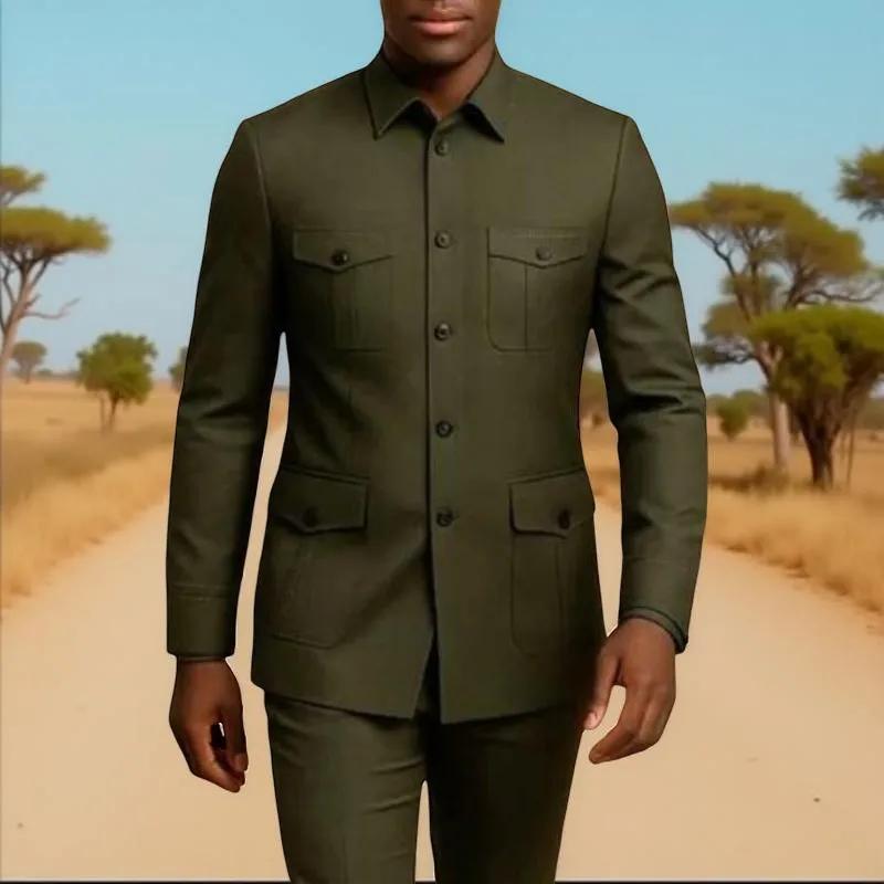 Costumes décontractés pour hommes Safari avec poches, col montant, style de mode chinois, coupe ajus