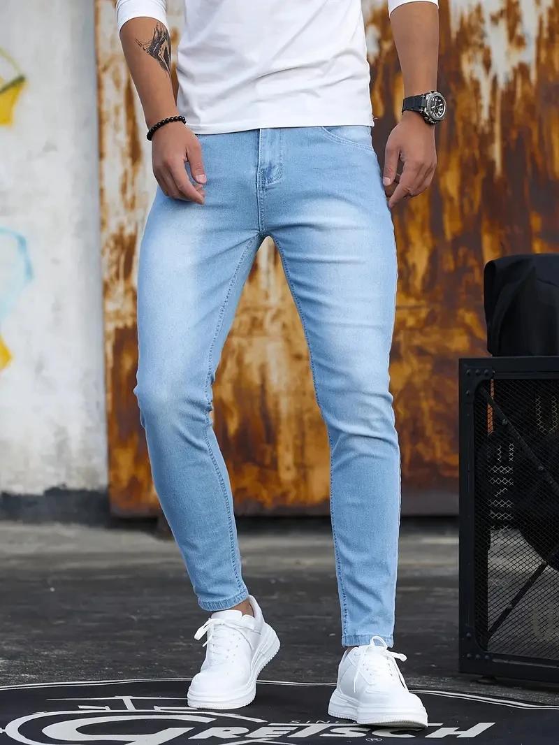 Homme pantalon rétro lavage fermeture éclair Stretch jean décontracté coupe ajustée pantalon mâle gr