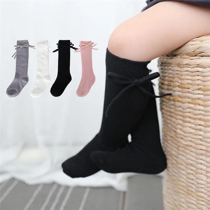 Chaussettes hautes pour enfants de 0 à 7 ans, chaussettes plates et longues avec nœud papillon, en c