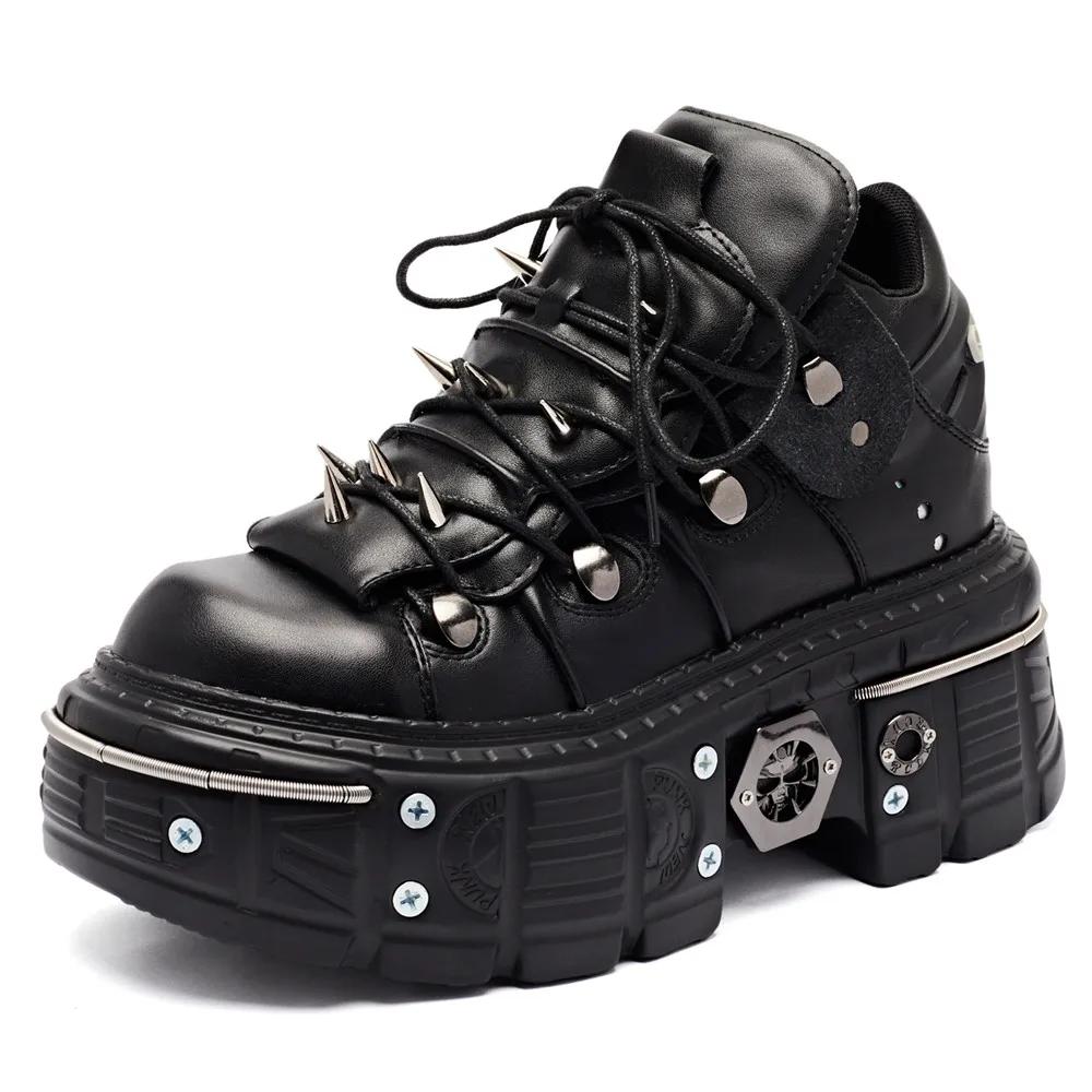 Punk femmes à lacets cheville Botas Mujer 2025 Rivet métal décoration bout rond fond épais bottes fe