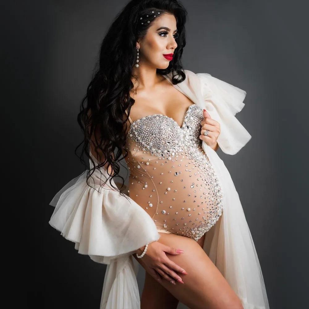 Luxueux cristal maternité photographie body extensible perle strass maternité Photo Shoot body combi