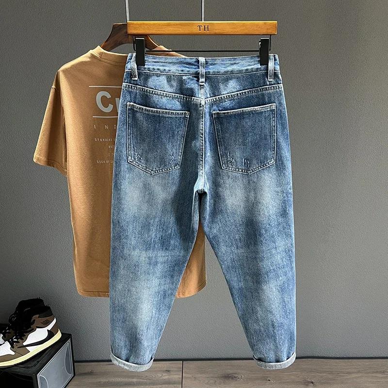 Jean Déchiré à Trous Coniques pour Homme, Denim Effiloché, Vintage, Décontracté, Bleu, Nouvelle Coll