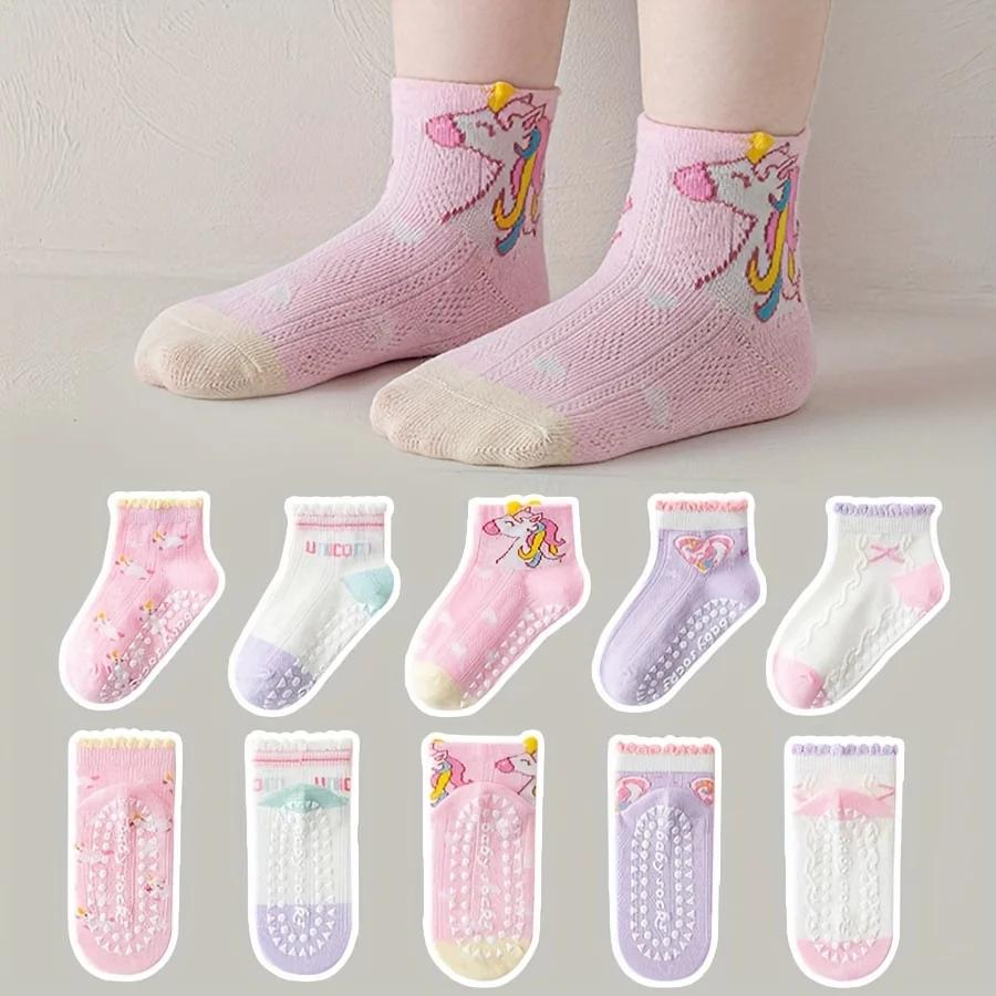 5 paires de chaussettes de sol pour enfants avec colle en dentelle, motif cœur licorne, garçons et f