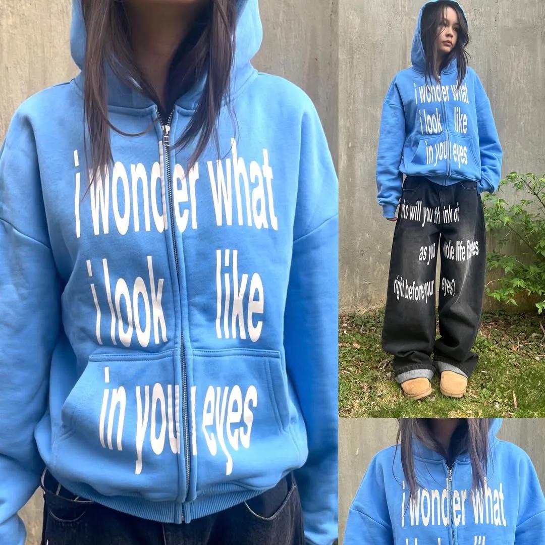 Sweat-shirt à manches longues avec fermeture éclair imprimée avec lettres personnalisées, pull à cap