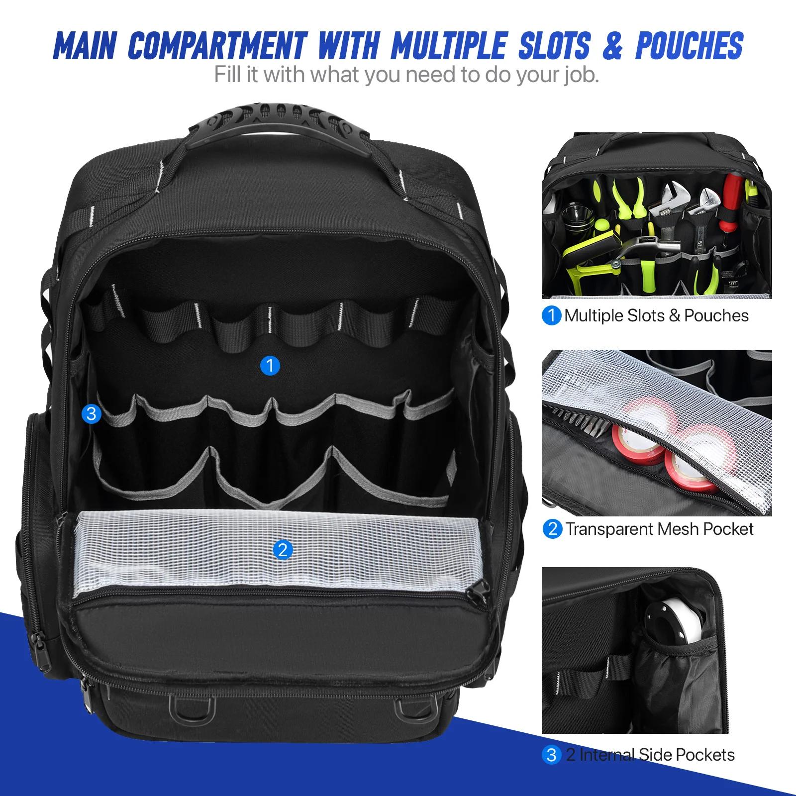 Sac à dos à outils robuste pour hommes, rangement d'outils avec 3 pochettes à outils, organisateur d