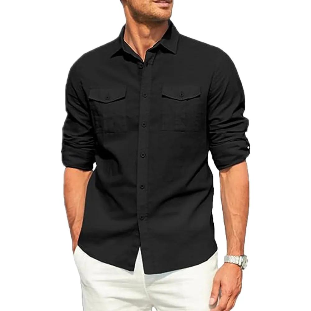 Chemise pour hommes Double poche coton lin chemise à manches longues décontracté chemise de vacances