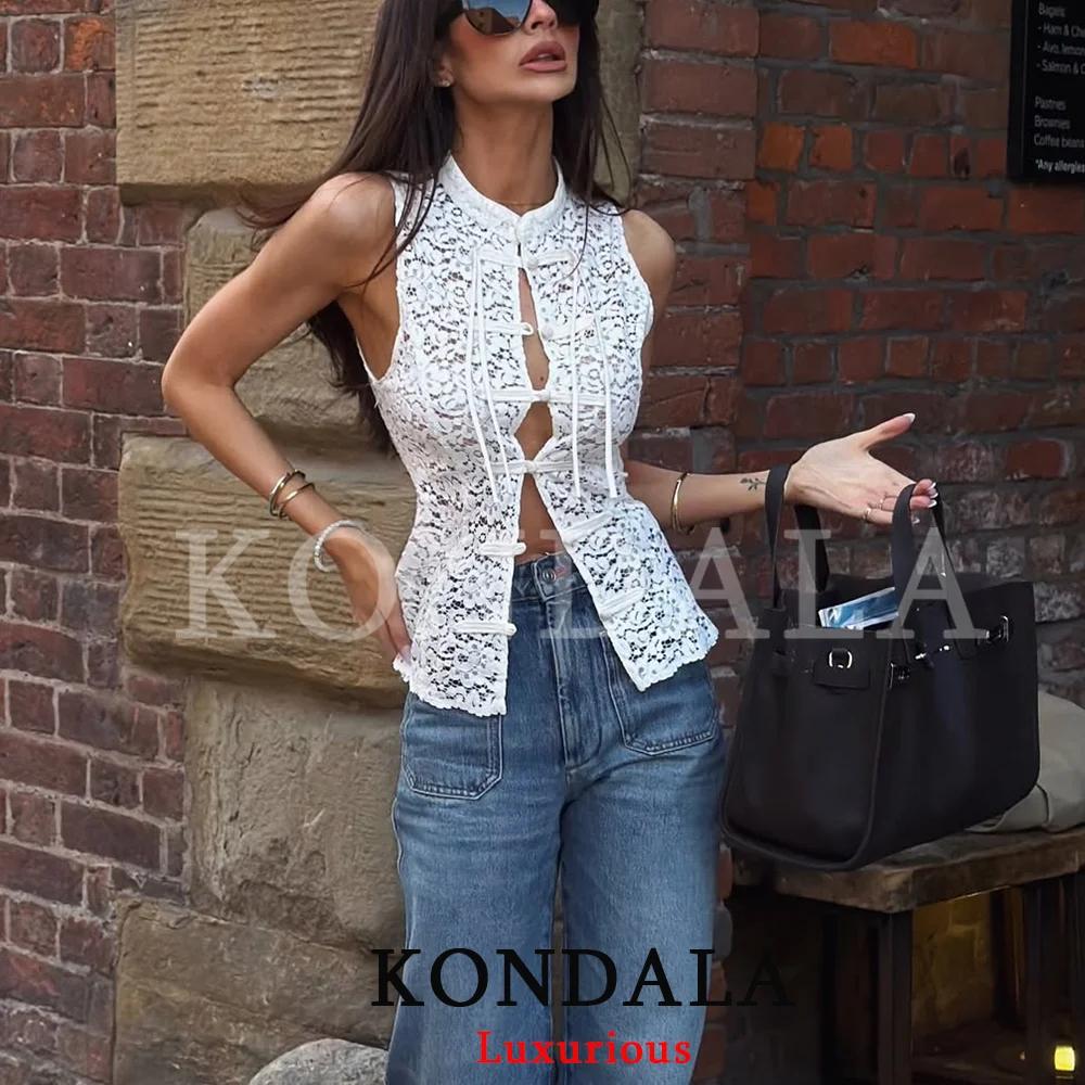 KONDALA Hauts sexy et chics en dentelle blanche avec nœud pour femme, col rond, sans manches, coupe