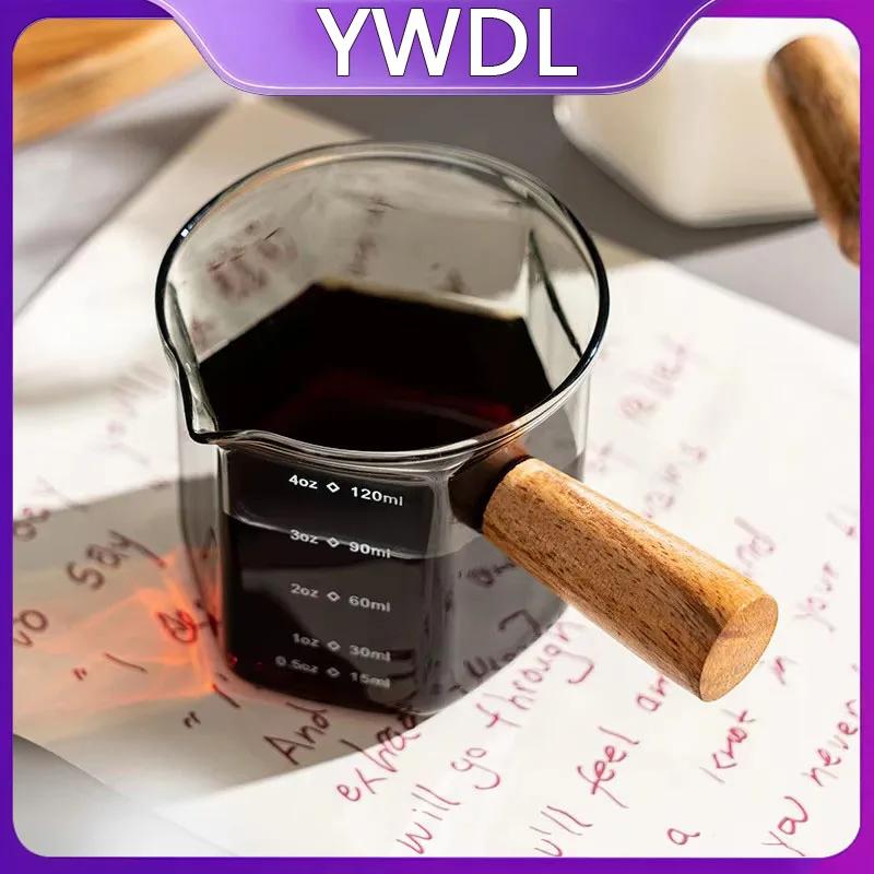 YWDL Tasse à mesurer en verre pour expresso 120 ml avec poignée en bois, carafe à lait hexagonale, a