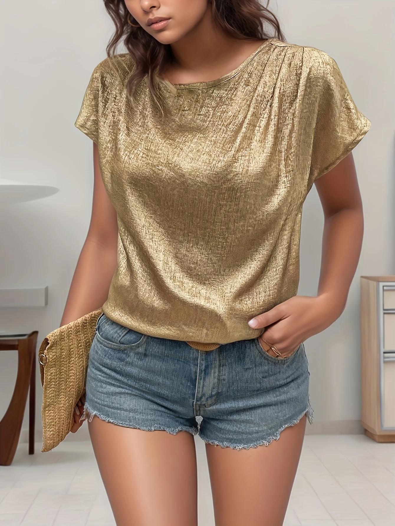 Chemise ample à col rond pour femmes, élégante, dorée, mode directionnée, coupe confortable, haut à