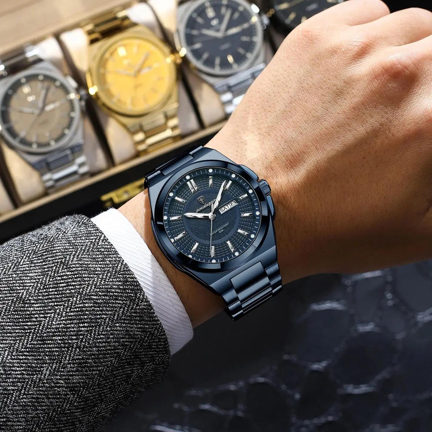 POEDAGAR Top Business hommes montre-bracelet en acier inoxydable étanche lumineux décontracté homme