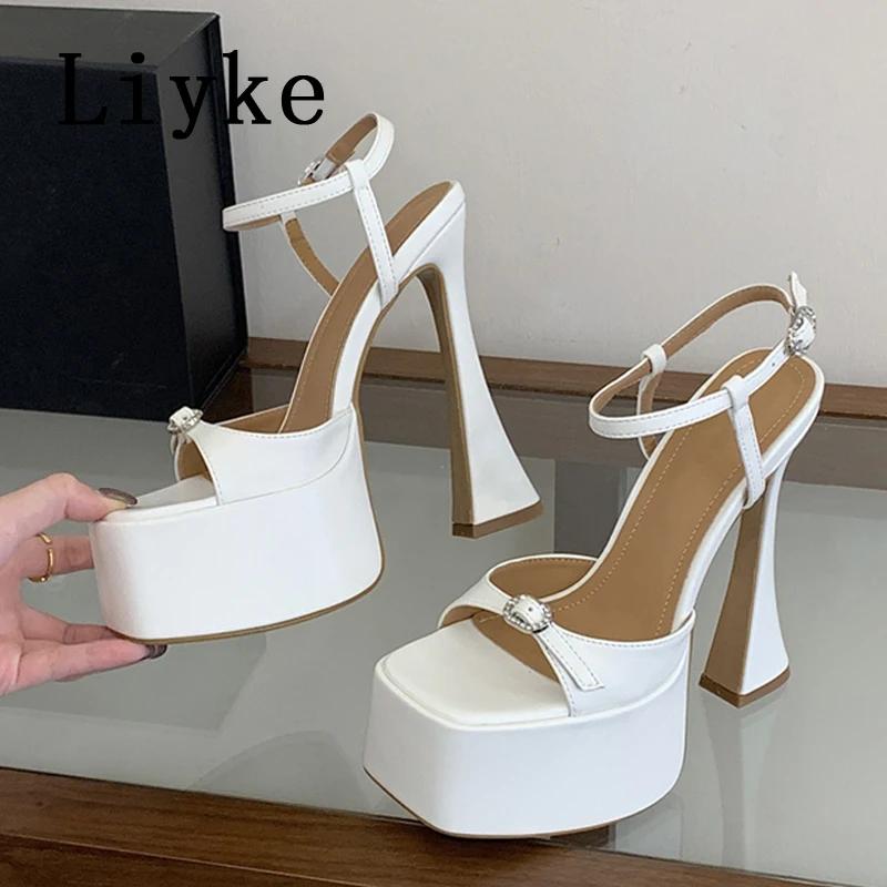 Liyke – sandales à plateforme avec boucle en cristal pour femmes, chaussures à talons hauts blancs à