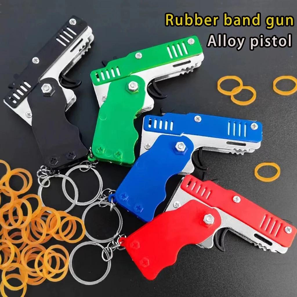 Jouet d'élastique en métal éclaté-Mini jouet de lanceur pliant avec porte-clés et 60 bandes de caout