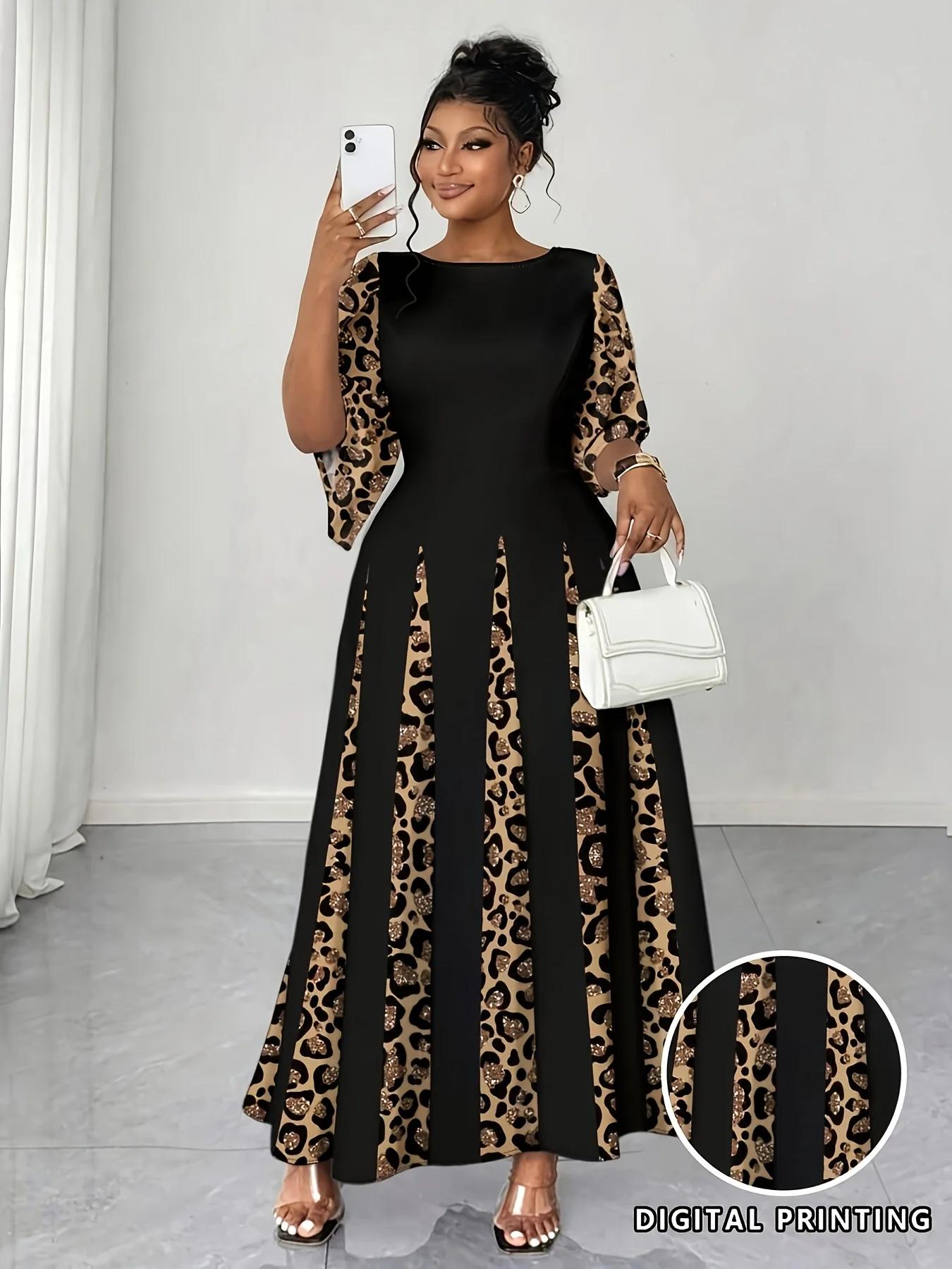 Robe maxi élégante à imprimé léopard, robe longue à manches longues tendance grande taille, vêtement