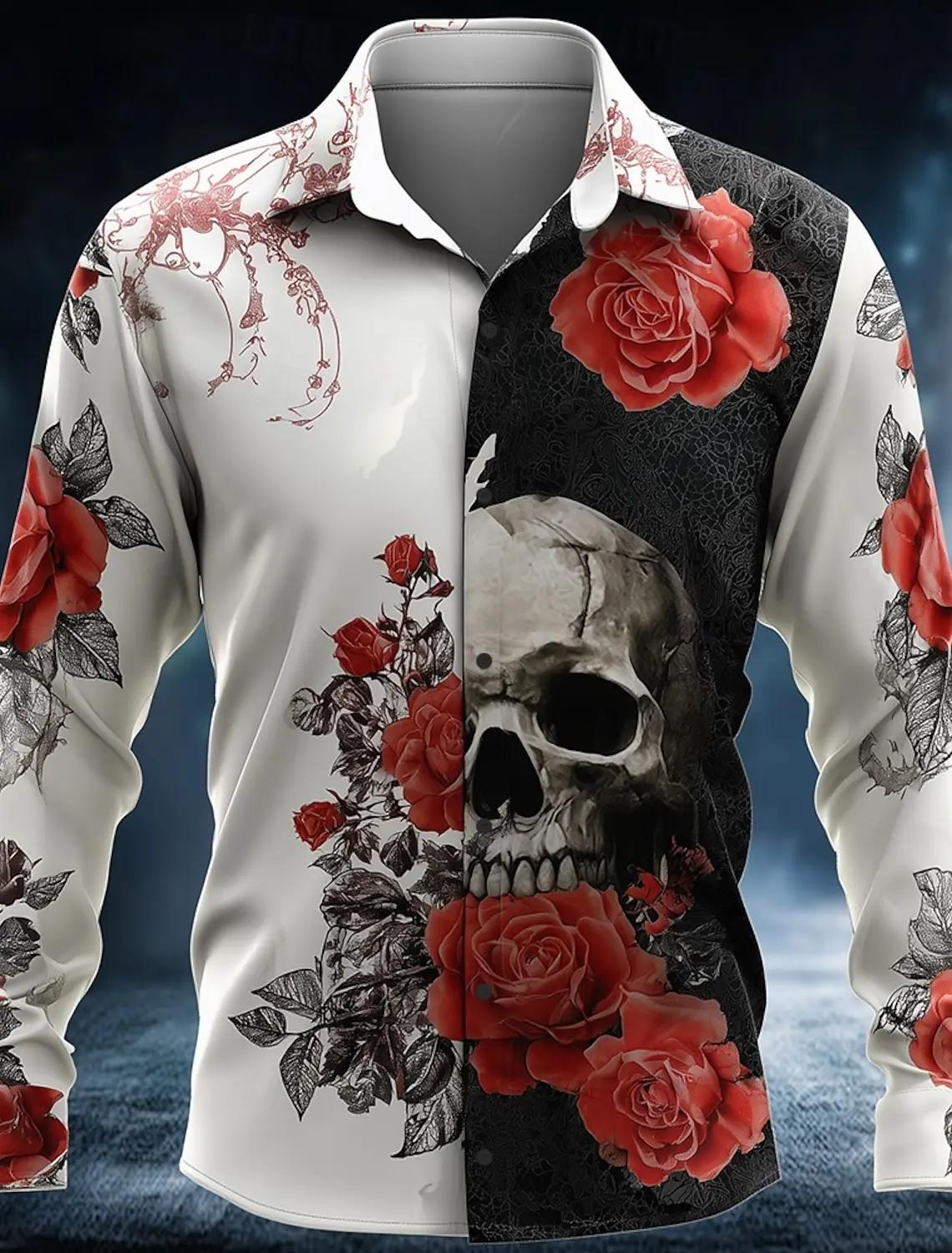 Chemise boutonnée à manches longues pour hommes, squelette Rose Skulls, Style gothique foncé, Street