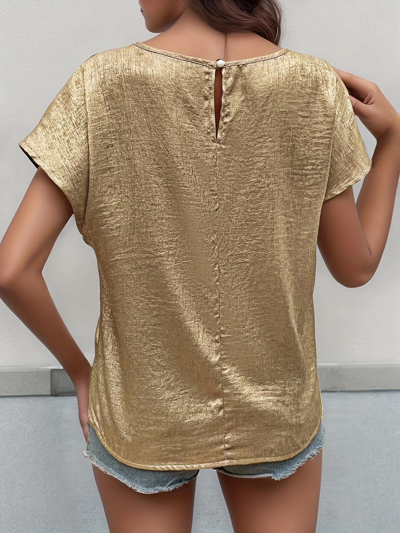 Chemise ample à col rond pour femmes, élégante, dorée, mode directionnée, coupe confortable, haut à